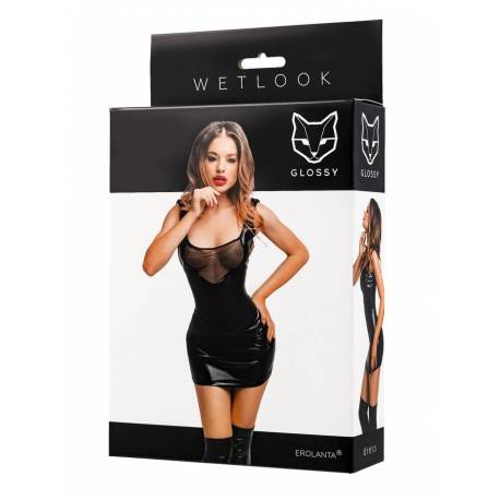 Mini Dress Abito Sexy in Eco Pelle e Rete Trasparente alla Scollatura
