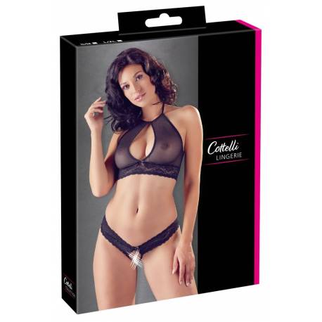 Sexy Completo Intimo Aperto con Top Trasparente e Perizoma con Catena