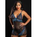 Chemise Babydoll in Pizzo Trasparente Nero e Blu + Perizoma