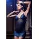 CHILIROSE Chemise Babydoll in Pizzo Trasparente Nero e Blu + Perizoma S/M