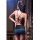 CHILIROSE Chemise Babydoll in Pizzo Trasparente Nero e Blu + Perizoma S/M